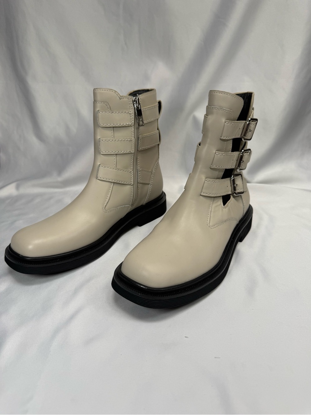 NEW Franco Sarto Argo Chalk White Buckle Moto Boots size 6.5M Retail $190